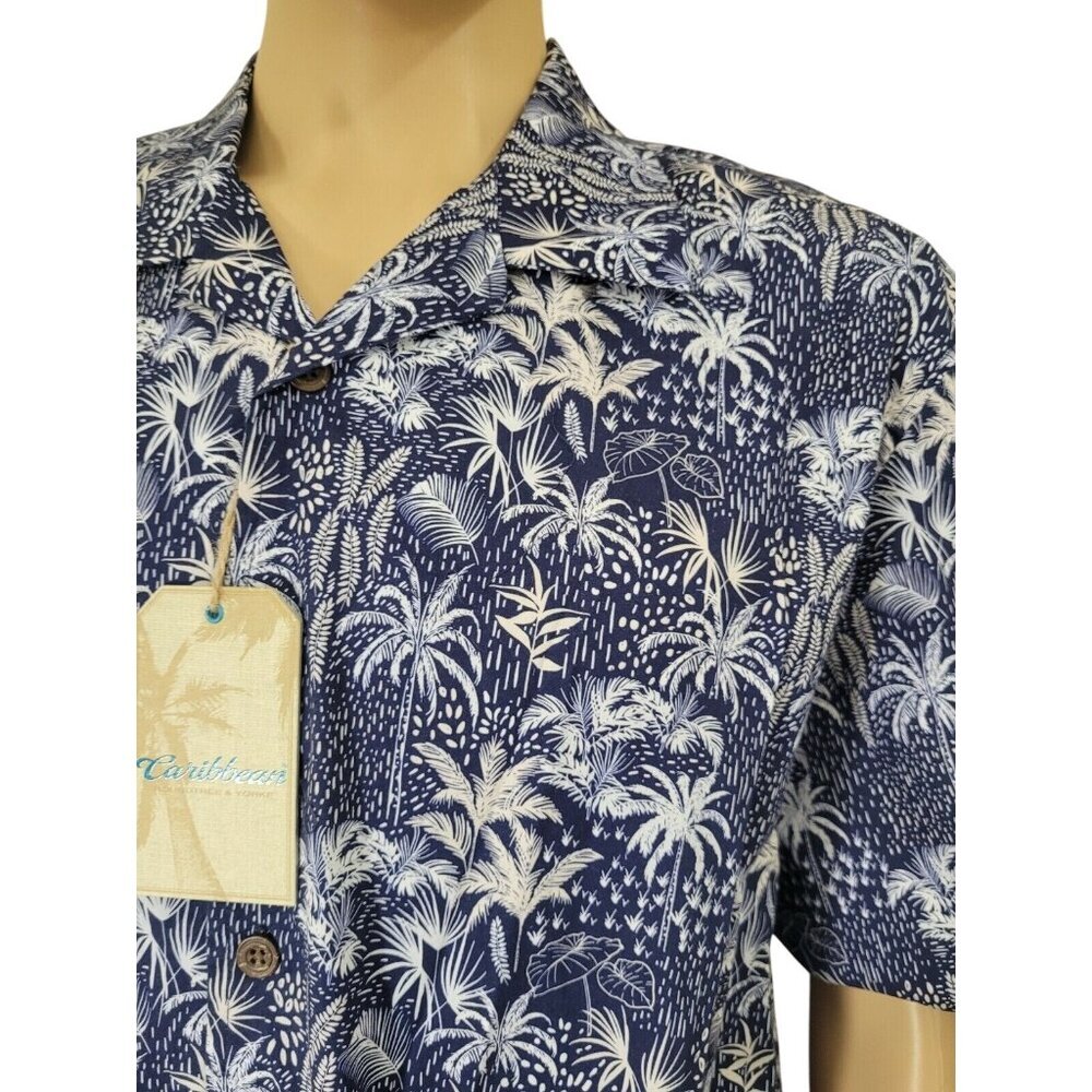 Caribbean Men's Shirt Size XL Tropical  short sleeve Button Up Blue Stretch 35